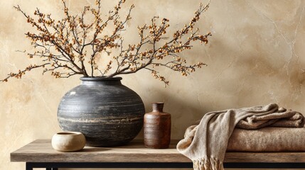 A textured wall art piece is displayed above a black console table featuring a ceramic vase with dried flowers and a folded blanket