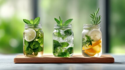 Fototapeta premium Three jars of refreshing infused drinks with fresh herbs and fruits, highlighting vibrant colors and natural ingredients, perfect for a refreshing and healthy beverage choice.