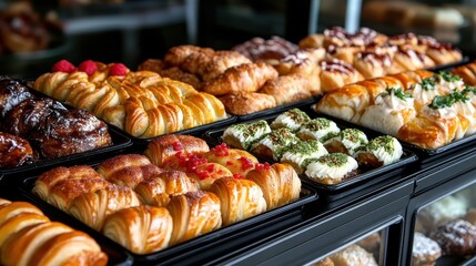 An enticing display of various freshly baked pastries arranged neatly in a case, showcasing the delightful assortment that tempts every dessert lover’s appetite.