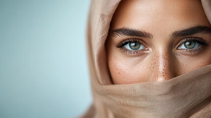 Fototapeta premium A close-up image featuring a woman with striking blue eyes partially covered by a light brown headscarf, capturing both elegance and mystique in her expression.