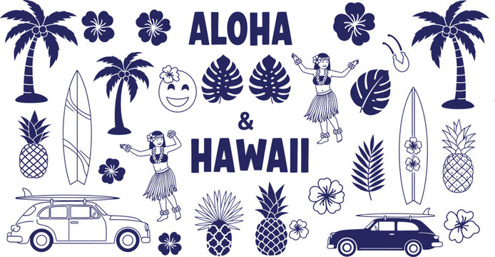 Vintage hawaiian aloha graphic with tropical elements and cars