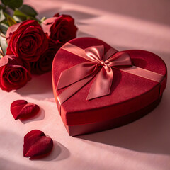 Red Heart-Shaped Gift Box with Roses on Pink Background