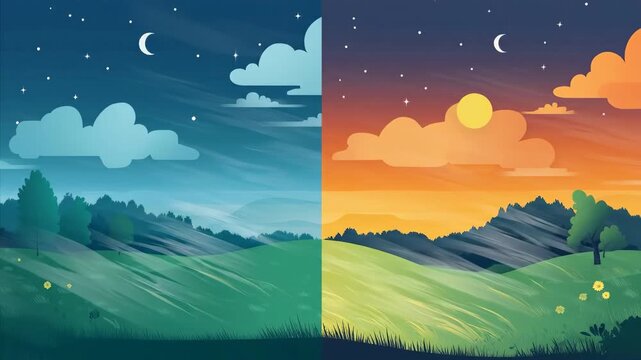 Rural landscape changing from night with stars and moon to sunrise with clouds and sun, a daily cycle nature concept