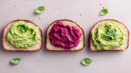 A vibrant and artistic display of three different hummus spreads on slices of bread, showcasing culinary creativity and diversity, perfect for food enthusiasts and healthy eaters.