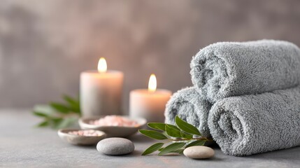 Rolled grey towels are arranged with lit candles, smooth stones, and bowls containing bath salts, all set in a warm, inviting space