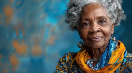 A dignified elderly woman with striking grey hair and vibrant attire, radiating wisdom and grace against a colorful background filled with abstract hues.