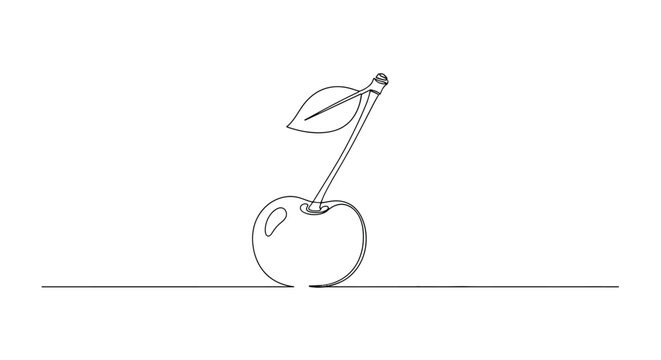 Minimalist single line drawing of a fresh cherry with a stem and leaf on a white background