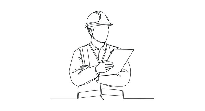 Minimalist hand drawn line art illustration of a construction worker or engineer wearing a hard hat holding a clipboard and looking to the side