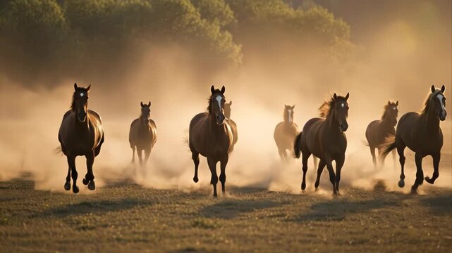 A majestic herd of wild horses gallops through a dusty field during golden hour.