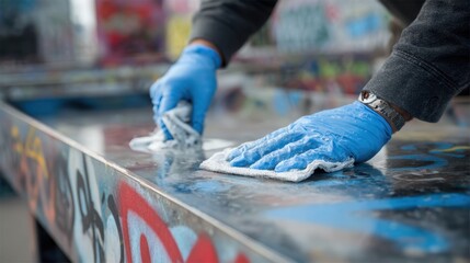Medium shot capturing the use of chemical solvents on a metal surface as graffiti is carefully wiped away highlighting protective gear and precision.