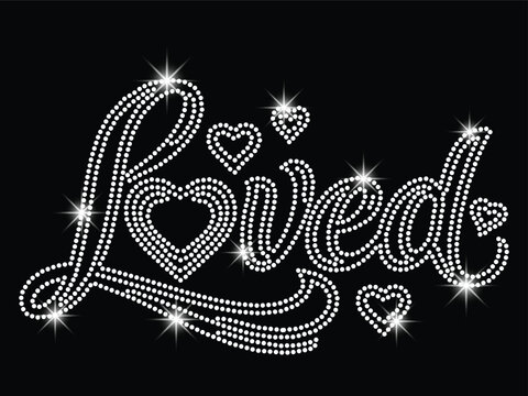 Elegant rhinestone typography featuring the word &ldquo;Loved&rdquo; with heart accents. Sparkling crystal dot style on a black background, perfect for Valentine&rsquo;s Day, romance, fashion, and apparel designs