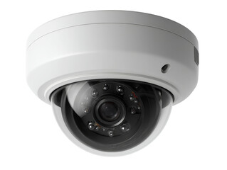 A close-up view of a dome security camera, showcasing its lens and sleek design. The camera is focused, ready to record Isolated Transparent Background, PNG