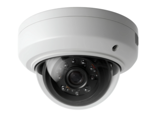 A close-up view of a dome security camera, showcasing its lens and sleek design. The camera is focused, ready to record Isolated Transparent Background, PNG