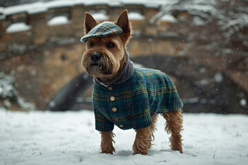 Cute terrier dog wearing green tartan coat and flat cap standing in winter snow