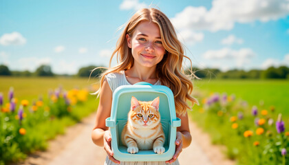 Young woman carrying cat in carrier smiling on sunny countryside path  