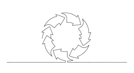 Abstract circular arrow symbol representing continuous motion and a cyclical process in a minimalist line art style