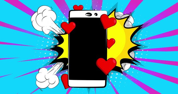 Cartoon Smartphone, comic book Telephone with Red Heart. Retro animation, comics pop art video.