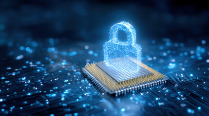 Digital lock hologram above microchip on circuit board representing cybersecurity and data protection in technology