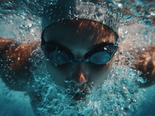 Close-up underwater view of a swimmer wearing goggles and a cap, surrounded by churning water and air bubbles during an intense exercise or competition