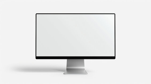 Front-facing desktop computer monitor featuring a slim black bezel and silver aluminum stand on a blank white screen. The design boasts a clean, minimalistic aesthetic with modern technology elements.