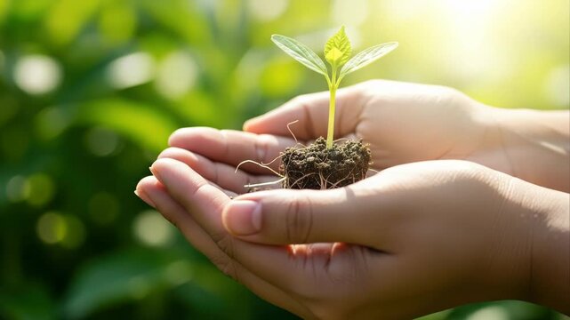 Small green seedling held carefully in cupped hands.