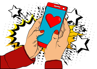 Cartoon Smartphone, comic book Telephone with Red Heart. Retro vector comics pop art design. © noravector