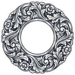 An ornate round floral frame with baroque acanthus leaves and swirl ornaments. vector illustration in a classic vintage engraving or woodcut style.