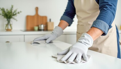 man wipes the table with a rag