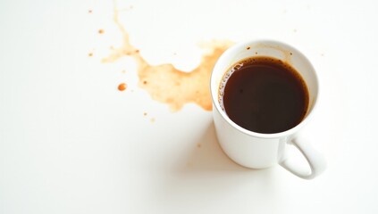 a white cup of coffee on a white table with coffee drops