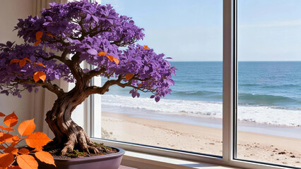 Bonsai Serenity: A vibrant bonsai tree with striking purple foliage sits gracefully indoors, offering a tranquil vista of the serene ocean and sandy beach beyond the window. 