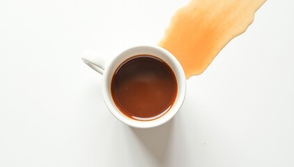 a white cup of coffee on a white table with coffee drops