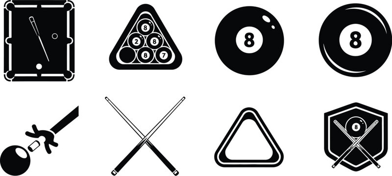 Billiards, pool, or snooker with table with pockets and  eight-ball pool vector icons illustration.  