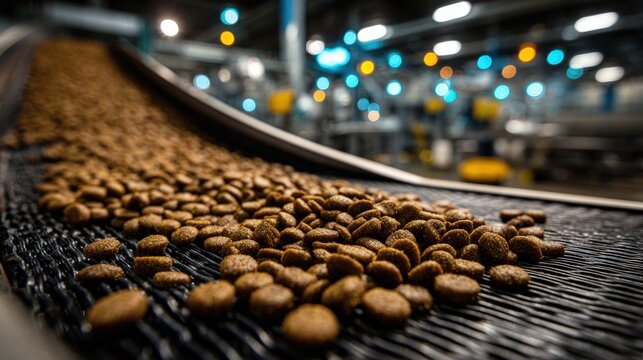 Brown pet food kibble flowing on a textured conveyor belt in a factory setting
