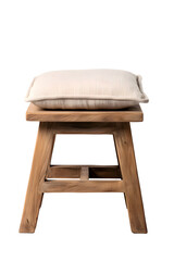 Small accent stool in rustic wood with soft linen cushion, Isolated to Transparent Background
