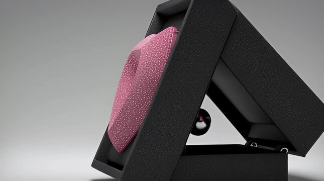 Elegant black gift box unveiling a charming pink fabric heart, a symbol of affection