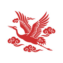 Obraz premium Traditional Chinese red crane bird flying among clouds, oriental paper cut style vector illustration for lunar new year and cultural celebration.