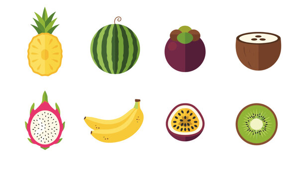 Assorted tropical fruits collection including pineapple watermelon mangosteen coconut dragon fruit banana passion fruit and kiwi in flat vector icon style