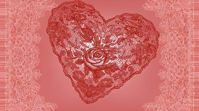 A textured red heart with a rose in the center, bordered by lace-like patterns on a gradient background