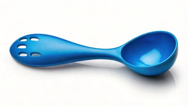 Blue measuring spoon with holes for draining liquids.