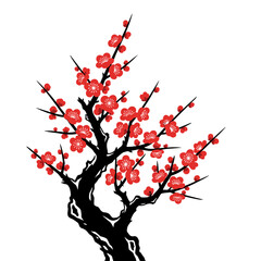 Traditional oriental plum blossom tree illustration with red flowers on black branches, vintage zen style cherry blossom vector art isolated on white background
