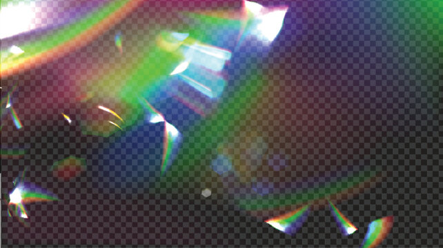 PNG Crystal Prism Light Effect Sparkle Glare Reflection Overlay. Glass Banner Optical Rainbow Lights, Chromatic Streak Rainbow Effect, Falling Confetti