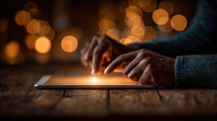 Hands interact with a glowing tablet on a rustic wooden table amidst warm bokeh lights
