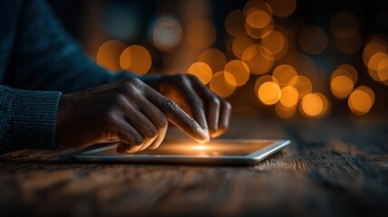 Close-up of hands interacting with a brightly lit tablet on a rustic wooden table