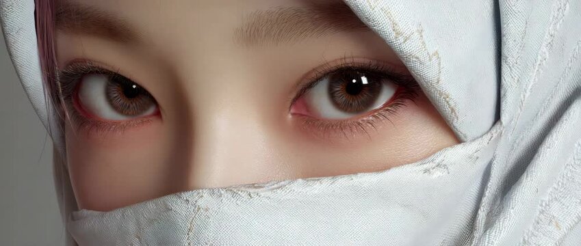 Macro close up of young Asian Muslim woman face wearing white hijab with hyper realistic skin texture and natural makeup.