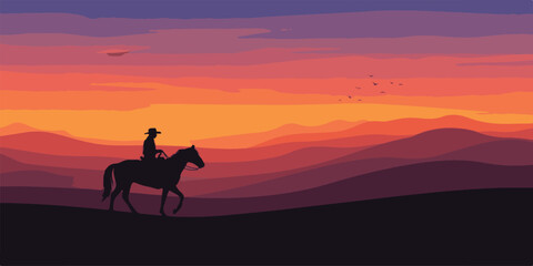 A wild giraffe silhouette stands against a golden sunset sky in a vast nature landscape, evoking the spirit of a western desert travel illustration with the grace of a wandering mammal © Munaroh