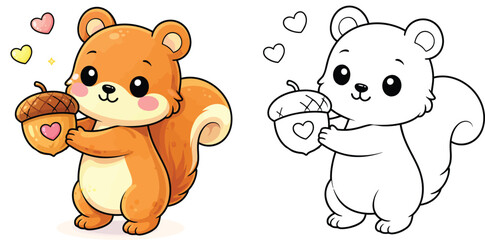 Obraz premium A charming black-and-white drawing of a cartoon squirrel clutching an acorn with a heart for a coloring book or Valentine's Day