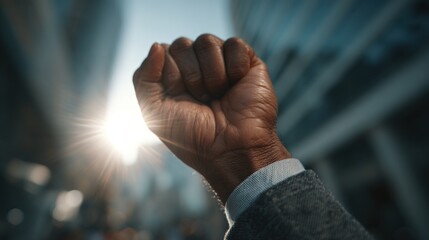A dark-skinned fist is raised skyward in a sunlit city, symbolizing power and resolve