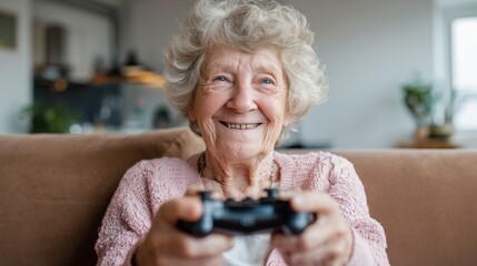 Happy elderly woman enjoying video games while sitting on a couch at home