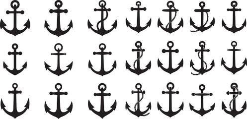 Set of sea anchor symbol set isolated silhouette vector icon  illustration with white background. © MstMoushumi