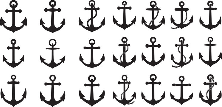 Set of sea anchor symbol set isolated silhouette vector icon  illustration with white background.